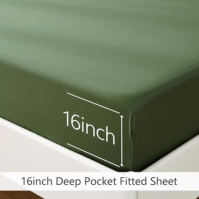 400TC Queen Sheets, Rayon Derived from Bamboo, Cooling Bed Sheets Set,Deep Pocket Up to 16", 4 Pieces Silky Soft, Breathable Bedding Sheets & Pillowcases,Juniper Green