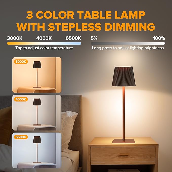 LUTEC 4 Pack Cordless Table Lamp,6000mAh Rechargeable Battery Operated Desk Lamp,Two Adjustable Heights,Waterproof, Touch Control & 3 Color Stepless Dimming for Restaurant/Bedroom/Bars/Outdoor (Brown)