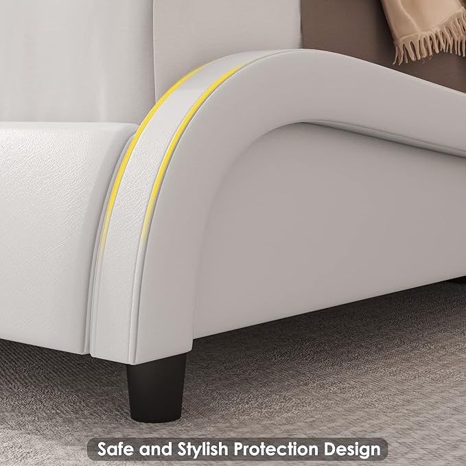 Keyluv Upholstered Platform Bed Frame with Adjustable LED Headboard, Pu Leather, Wave-Like Curve Design and Solid Wooden Slats Support, No Box Spring Needed, Noise Free, Modern, Queen, White