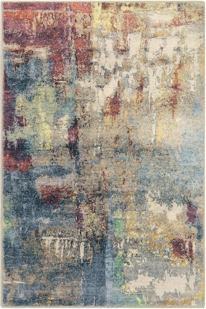 Lahome Modern Abstract Area Rug - 2x3 Washable Small Entryway Rug for Kitchen Non-Slip Front Doormat, Contemporary Faux Wool Soft Floor Indoor Carpet for Bathroom,Red/Multi