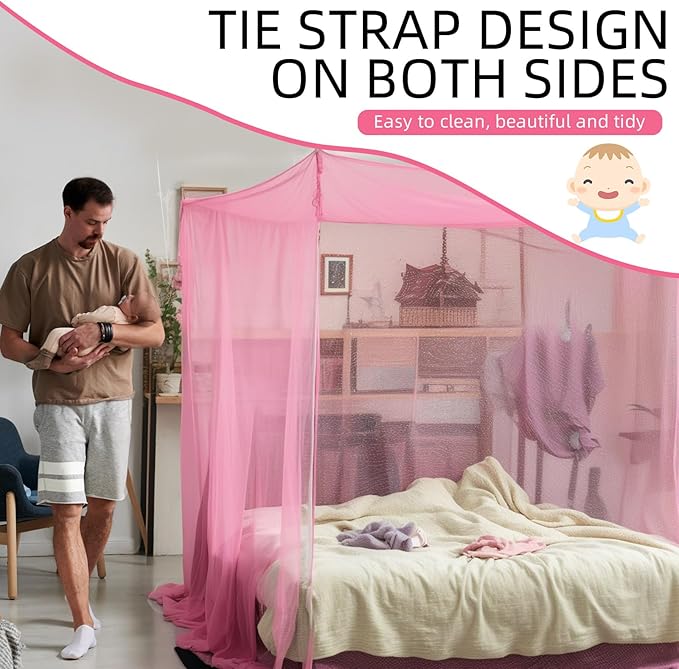 4 Corners Mosquito Net for Mosquiteros para Camas Bed Canopies Netting Bed Drapes Rectangular Mosquito Mesh for Camping Home Outdoor Travel(Pink,L75 X W47 X H59 Inch,1 Opening)