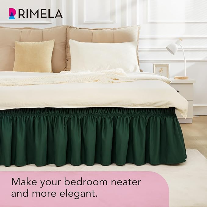 RIMELA Dark Green Bed Skirt Queen Size 15 Inch Drop, Elastic Bed Skirting for Bed Base and Frame, Bedding Dust Ruffle Easy to Install, Lightweight Wrap Around Adjustable Bedskirt