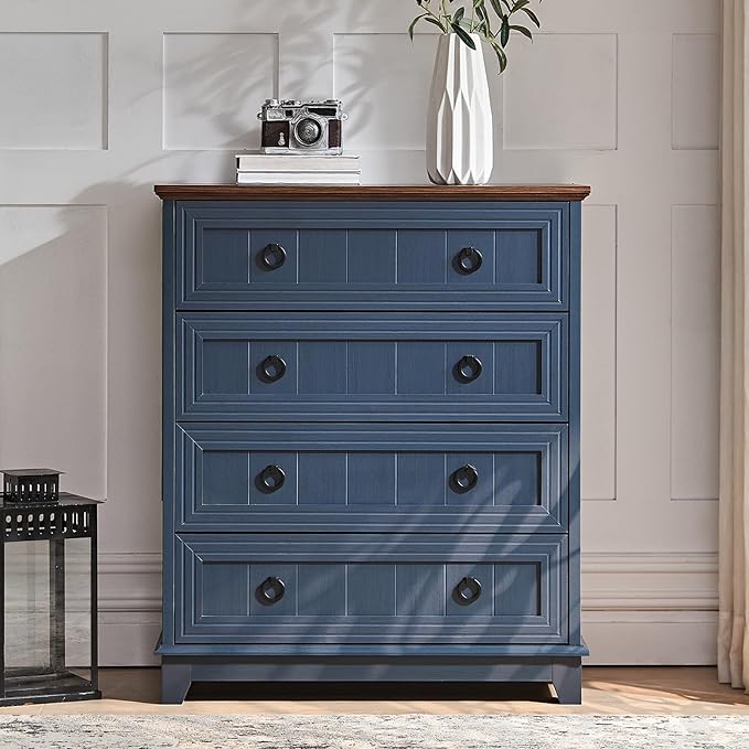 Farmhouse 4 Drawer Dresser for Bedroom Set of 2, 35" Tall Small Dressers & Chest of Drawers, Rustic Wood Dresser with Metal Handle, Storage Organizer Closet for Living Room, Hallway, Entryway