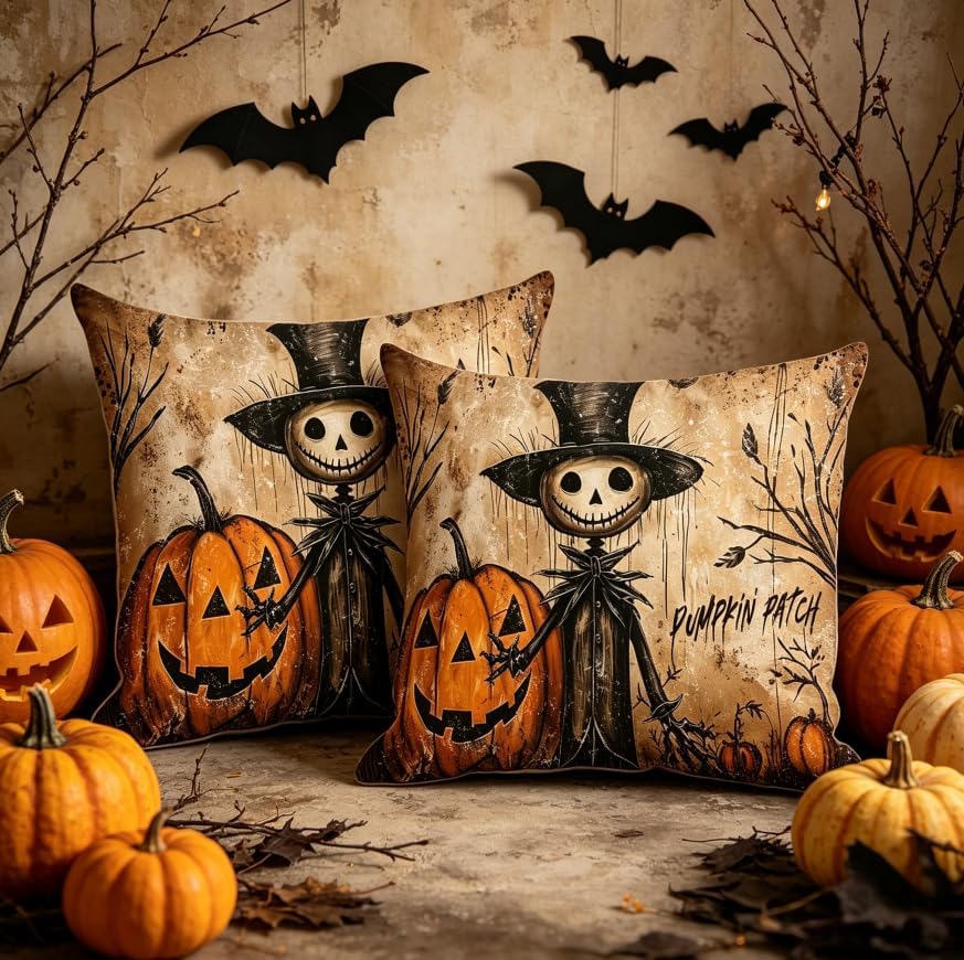 Halloween Throw Pillow Covers, Pumpkin Ghost Skeleton Design, 18x18 Inch - Image 5