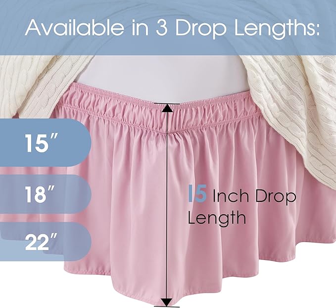 FreshCulture King Bed Skirt, Dust Ruffle for King Size Bed, Easy Fit with 15-Inch Tailored Drop, Elastic Wrap Around Bed Skirt King Size, Hotel Quality Bed Skirts for Adjustable Bed (Dusty Pink)