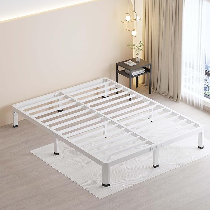 MAF 7 Inch Queen Metal Platform Bed Frame White with Round Corner Legs, Mattress Slide Stopper, 3000 LBS Heavy Duty Steel Slats Support, Noise Free, No Box Spring Needed, Easy Assembly