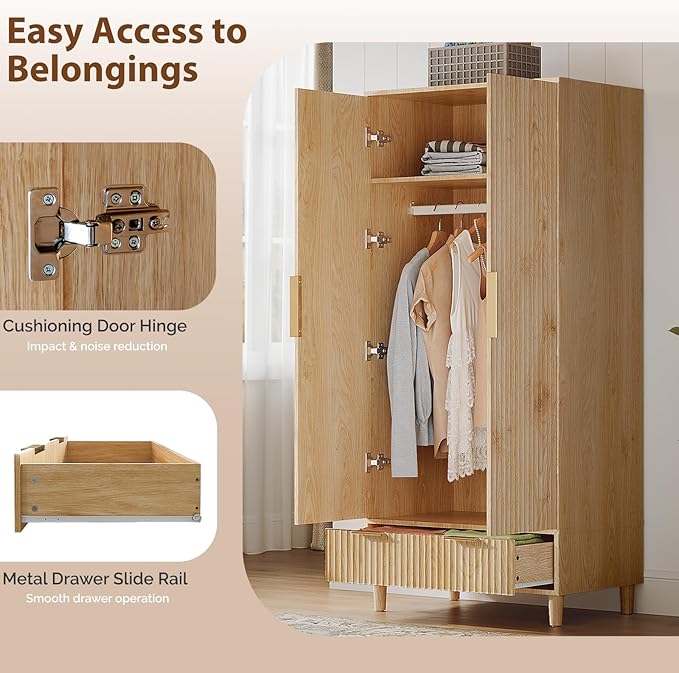 VINGLI Fluted Wardrobe Closet Armoire with Doors And Drawers, Wardrobe Cabinet with Hanging Rack, Bedroom Closet Wood, Oak Free Standing Armoire with Shelf and Solid Wood Legs, 31.5"W*19.7"D*69.3"H
