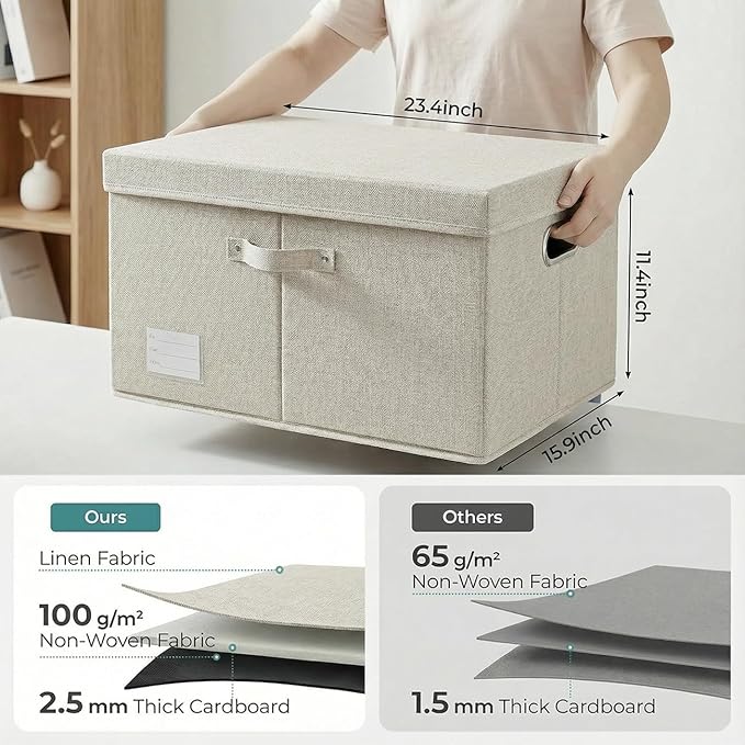 PRANDOM Storage Bins with Lids [3-Pack] Linen Fabric Foldable Storage Boxes Organizer Containers Baskets Cube with Cover Beige (23.4X15.9X11.4)