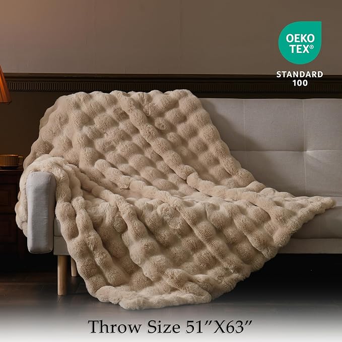 BENVWE Faux Fur Throw Blanket for Couch - Thickened Fluffy Soft Bubble Blanket for Living Room Home Decor - Fathers Day Birthday Gifts for Women Men, Beige, 50" x 60", 1300GSM