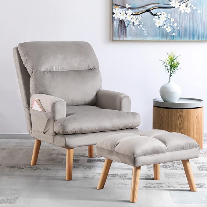 INZOY Accent Chairs with Ottoman, Velvet Fabric Armchair with Ottoman for Bedroom Living Room, Mid Century Modern Chair with Adjustable Backrest and Side Pockets, Grey