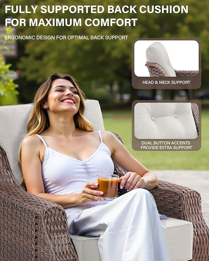 Belord Wicker Patio Furniture Set with 41” Fire Pit Table - Swivel Rocker Glider Outdoor Chairs with Sofa and Glass Top Side Table, All-Weather Removable 6" Beige Seat Cushion for Warm Patio Evenings