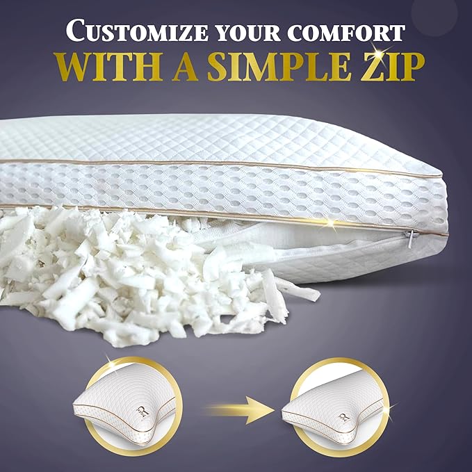 Royal Therapy Adjustable Shredded Memory Foam Pillows – 2-Pack Queen Size Set with Cooling Firm Cover for Side Sleepers