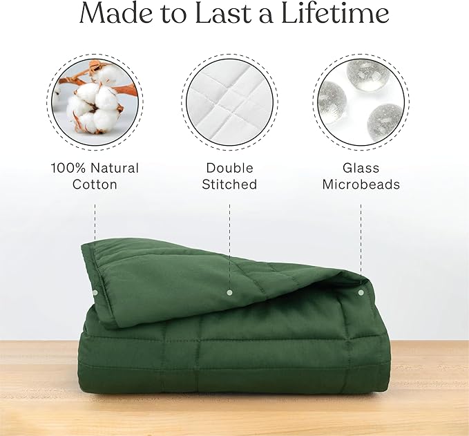 Baloo Weighted Blanket for Adults 20 lb (Spruce Green, 60"x80") | Cool & 100% Cotton | Machine Washable & Dryer Safe | Glass Microbead Fill