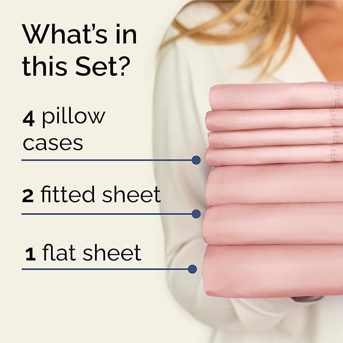 Split King 7 Piece Sheet Set - Cooling & Breathable - Hotel Luxury Bedding, Includes Fitted Sheets for Women, Men, Kids & Teens - 1 Flat, 2 Fitted Sheets, 4 Pillowcases with Deep Pockets - Baby Pink