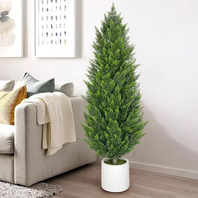 Briful 2PCS 5ft Artificial Cedar Topiary Trees in White Planter – Tall Faux Evergreen Potted Plants, Indoor Outdoor Fake Shrubs, Lifelike Fake Trees for Home, Office, Patio, Porch, Entryway