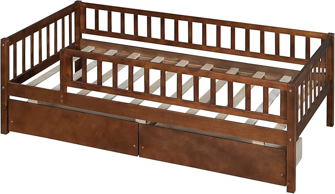 Bellemave Twin Bed Frames with Rails for Kids, Twin daybed Frame with Drawers for Boys/Girls/Adults， Walnut