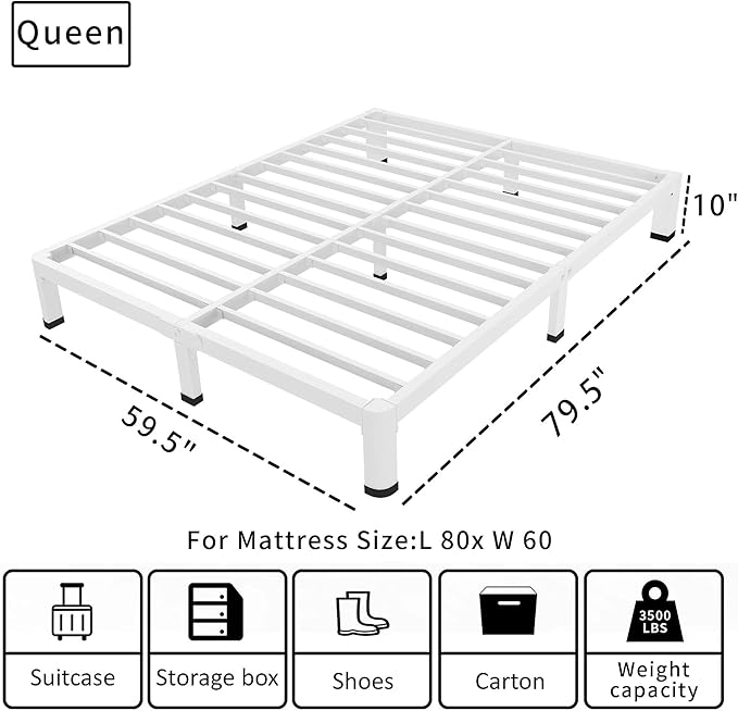 ROIL 10 Inch White Queen Bed Frame with Rounded Corner and Mattress Retainers, 3500LBS Heavy Duty Steel Slats No Box Spring Needed Platform Noise-Free Easy Assembly