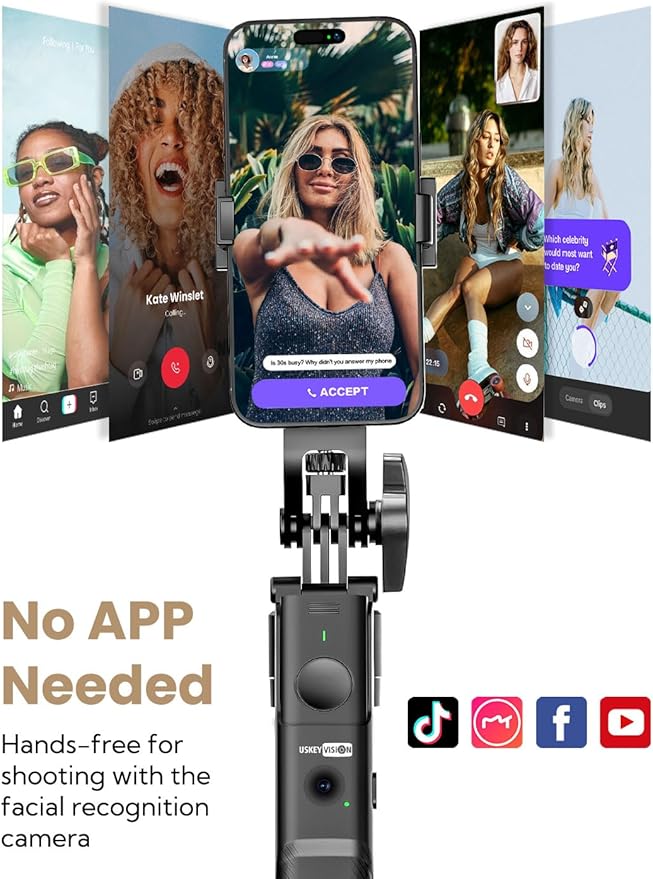 Auto Face Tracking Tripod for iPhone 360°Rotation,Selfie Stick for Android w/Remote&Ground Spike,68” Phone Tripod Stand That Follows Your Movement for Video Recording,Vlogging(R01)