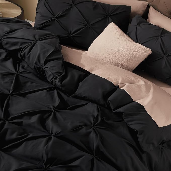 Litanika Black Pinch Pleat Duvet Cover Full (79x90Inch), 3-Piece Luxurious Pintuck Bedding Set, Soft Microfiber with Zipper Closure & Corner Ties