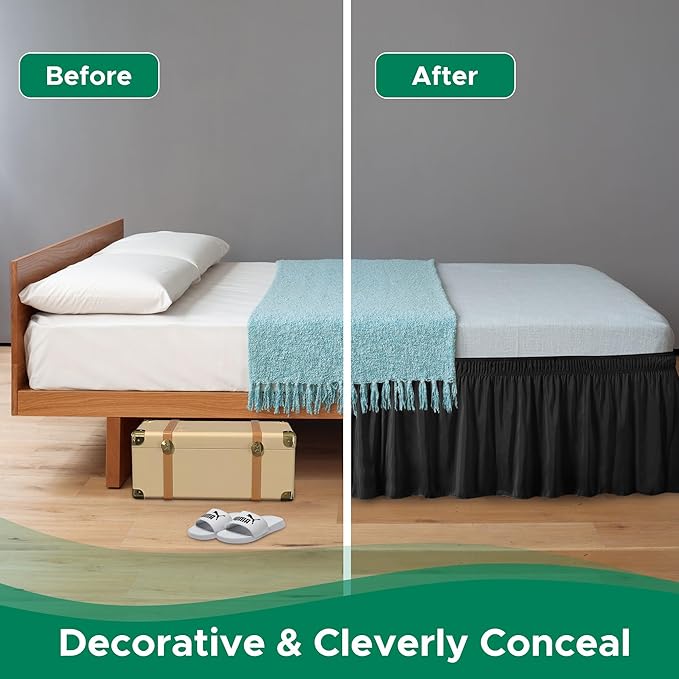 Biscaynebay Wrap Around Bed Skirts for Full & Full XL Beds 16" Drop, Black Adjustable Elastic Dust Ruffles Easy Fit Wrinkle & Fade Resistant Silky Luxurious Fabric Solid Machine Washable
