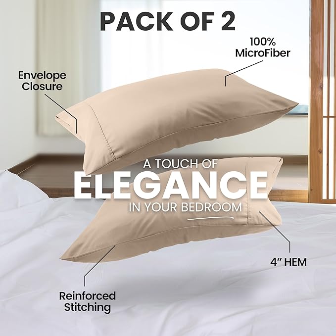 Pillow Covers by Utopia Bedding - Queen Size 2-Pack – Soft Brushed Microfiber – Perfect for Hospitals, Hotels, Guest Rooms – Oeko-TEX Certified, 20x30 Inches (Beige)