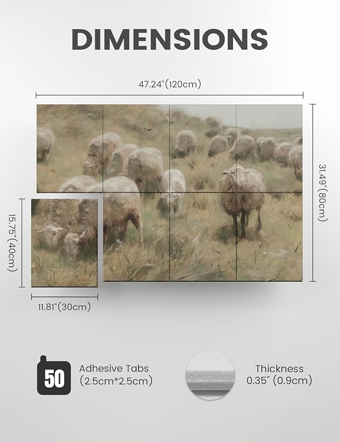 Wall Art Acoustic Panels,47''X31''Soundproof Wall Panels-8-Pack with 50 Adhesive Tabs, Decorative Sound Absorbing Panels for Living Room and Recording Studio, Offices-Hillside sheep