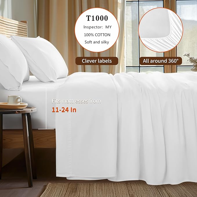LBRO2M 100% Cotton Sheets Set Deep Pocket 24", 1000 Thread Count Full Size 4 Piece Bed Sheet Sets Soft Comfortable Bedding All Season (Full, White)