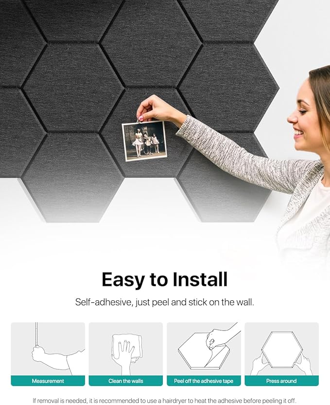 Soundsbay Acoustic Panels, 12 Pack Hexagon Soundproof Wall Panels High Density Sound Absorbing Panel, Sound Proof Foam Panels for Walls, Office, Reccording Studio, Ceiling 12" X 10" X 0.4" Black