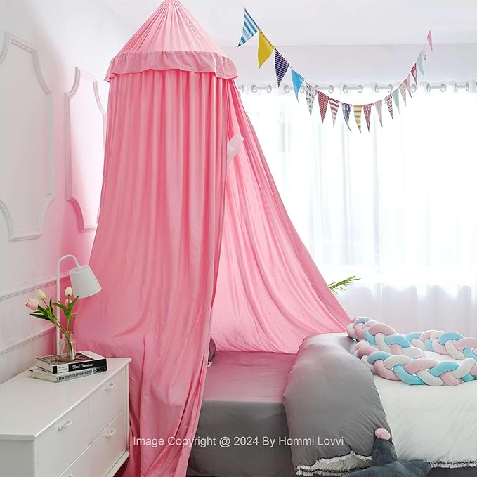 Bed Canopy for Girls, Dreamy Frills Ceiling Hanging Princess Canopy Bedroom Decoration Soft Canopy Net Reading Nook, Extra Large Full Queen Size Bed Canopies - Pink