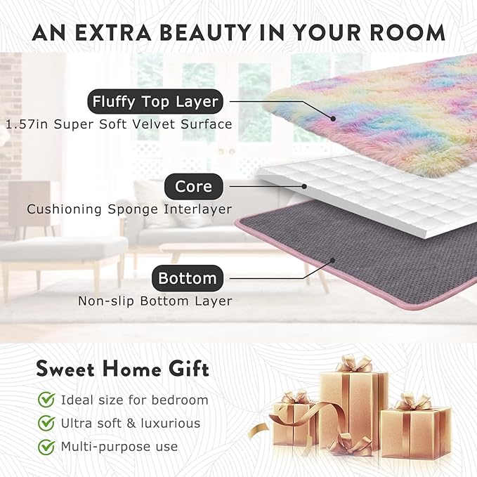 Fluffy Rainbow Rug for Bedroom Girls, 6x9 Cute Colorful Shag Rug for Kids Room, Soft Fuzzy Shaggy Rugs for Living Room Home Decor