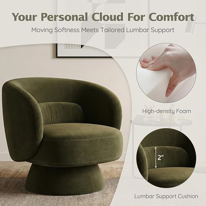 Swivel Accent Chair, Modern 360 Degree Swivel Barrel Chair with Arms & Curved Back and Lumbar Support Cushion, Comfy Round Single Sofa for Small Space, Living Room, Bedroom, Olive Rayon