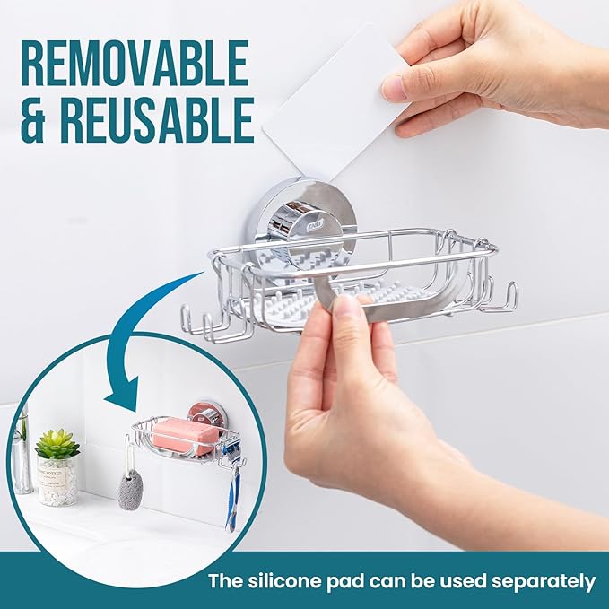 TAILI Bar Soap Holder Suction Cup with Hooks and Silicone Soap Saver Pad for Bath Shower Wall, Shampoo Caddy for Bathroom, Tub, Kitchen, Rustproof Stainless Steel Sponge Holder, Silver
