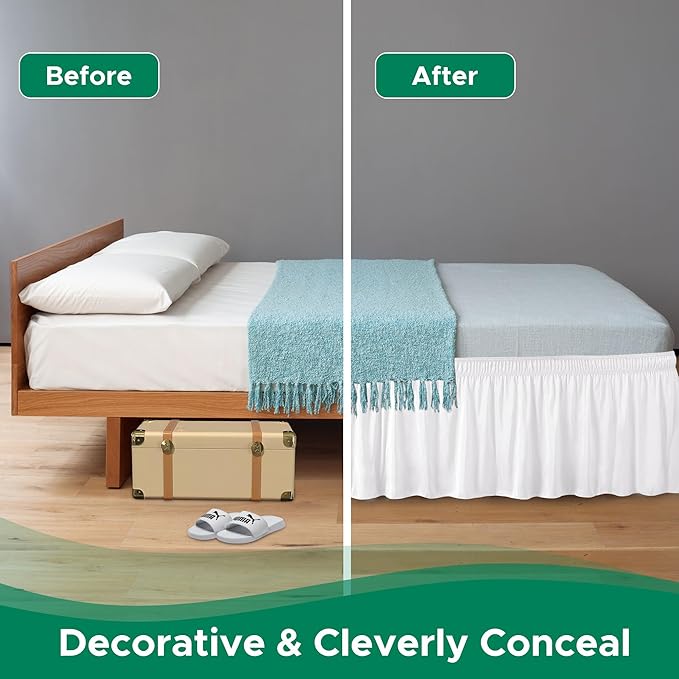Biscaynebay Wrap Around Bed Skirts for King & Cal King Beds 11" Short Drop, White Adjustable Elastic Dust Ruffles Easy Fit Wrinkle Resistant Silky Luxurious Fabric Machine Washable