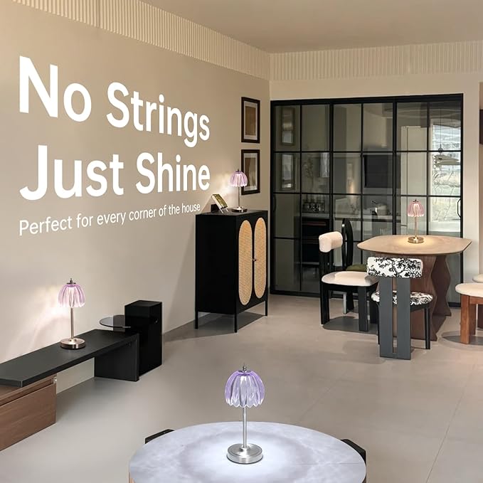 Tulip Table Lamp with 5200mAh Battery & Touch Control, Cordless Small Table Lamp with 3 Colors, Dimmable Rechargeable Table Lamps for Living Room, Bedroom, Desk, Bedside (Clear Purple Tulip)