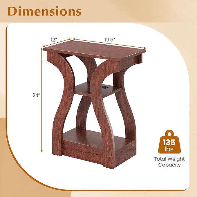 Giantex Narrow End Tables with Charging Station Set of 2, Wood Sofa Side Tables with Open Storage Shelves, Bedside Tables with USB Ports & Outlets, Vintage Nightstands for Living Room, Bedroom, Cherry