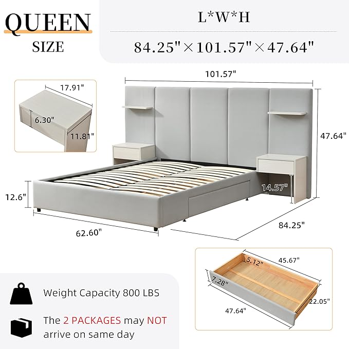 Queen Bed Frame with Storage & Built-in Nightstands, Velvet Upholstered Platform Bed Frame with Drawers & 2 Floating Storage Shelves, Noise-Free, No Box Spring Needed, Easy Assembly, Gray