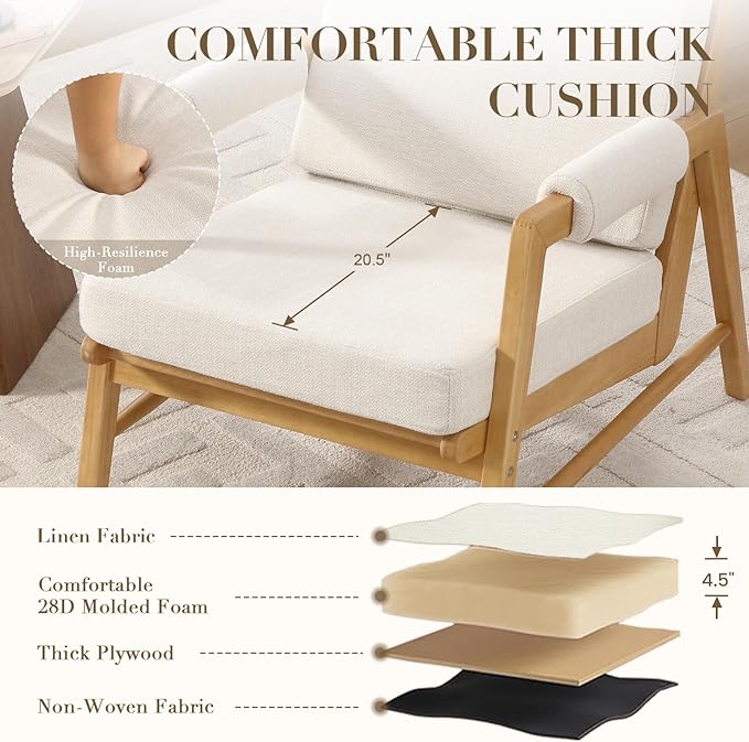 HEAH-YO Modern Accent Chair, Upholstered Linen Fabric Living Room Chair with Wooden Frame, Comfy Armchair with Thick Cushion for Bedroom Balcony, Beige