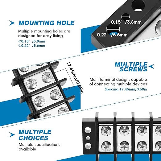 GLOSO TBE Double Row Stainless Terminal Blocks, Marine Grade, 4-14 AWG Cu, 75A/600V - 1 Pack, 8 Poles