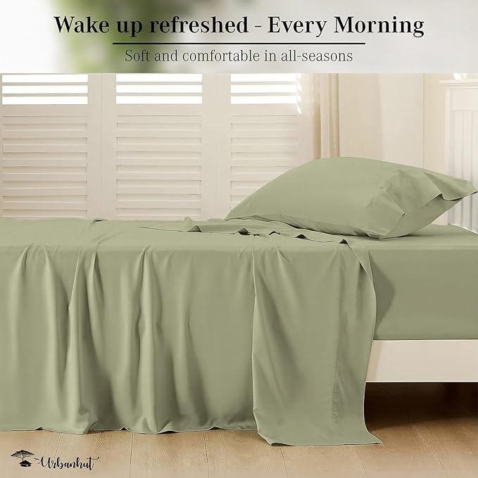 URBANHUT 800 Thread Count 100% Cotton Twin Size Sheets, Luxury 4 Piece Twin Bedsheets, Hotel Sheets Sateen Finish - Better Than Egyptian, 14" Elasticized Deep Pocket - Sage
