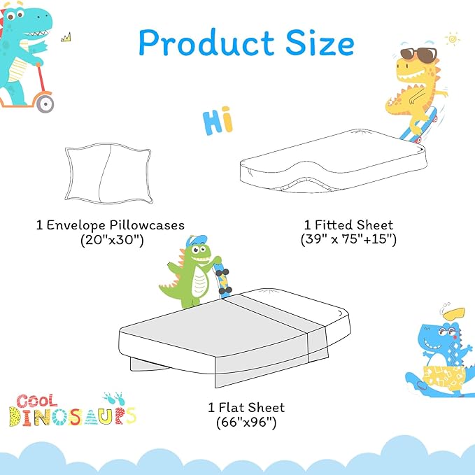 JSD Sports Dinosaur Kids Sheet Set Twin Size, 3 Piece Blue Printed Microfiber Sheets Deep Pocket