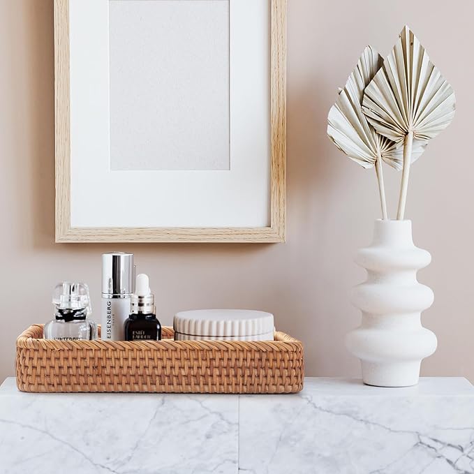 Rattan Bathroom Vanity Trays Toilet Tank Baskets Long Narrow Hand Towel Storage Basket for Storage, Decorative (Natural 10.2 x 4.9 x 1.6 inch)