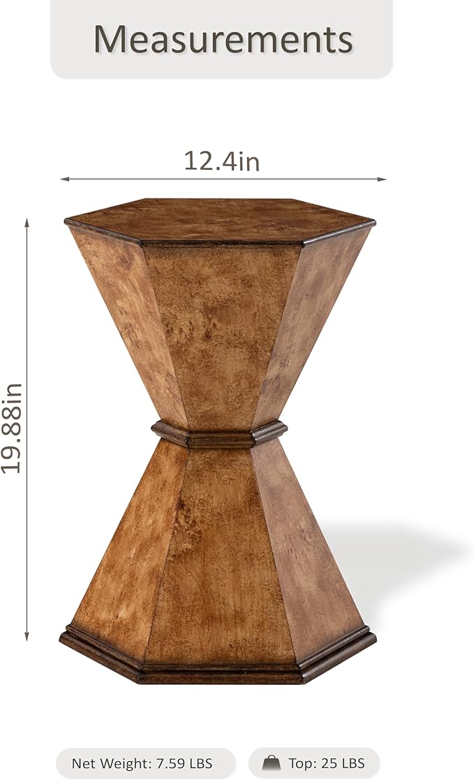 COZAYH Farmhouse Hexagonal Accent Table, Rustic Hourglass Design Side Table with Sculptural Geometric Base for Living Room or Bedroom, Natural Wood-Tone Finish, Brown