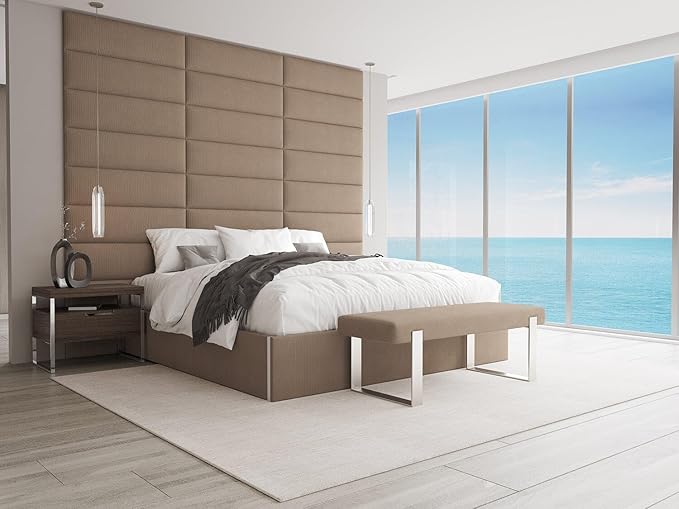 VANT Upholstered Bed Bench - Ribbed Taupe - Brushed Nickel - Contemporary Modern, Bedroom Bench Seat, Hallway, or Entryway
