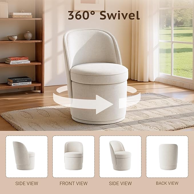 Swivel Accent Chair, 360° Swivel Chair with Hidden Storage, Vanity Chairs, Modern Small Barrel Swivel Armchair for Living Room/Bedroom, Beige