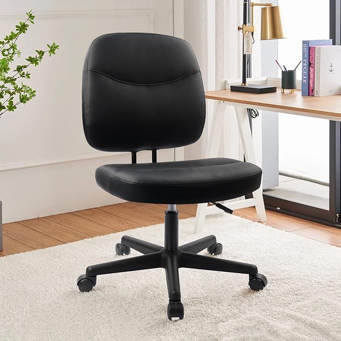 CLATINA Armless Home Office Chair, Small PU Leather Ergonomic Low Back Desk Chair with Lumbar Support and Wheels, Adjustable Height 360° Swivel Rolling Computer Task Chair, Black