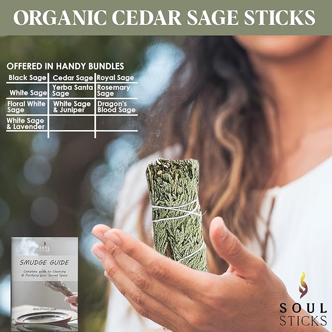 Soul Sticks Organic Cedar Sage Smudge Stick 1 Pack - 9 Inch | Floral Sage House Blessing | Cleansing House & Negative Energy