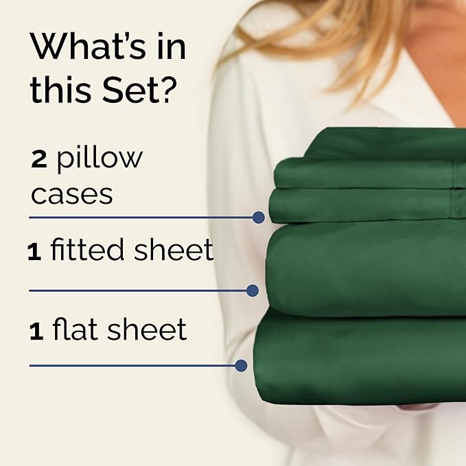 Twin 4 Piece Sheet Set - Cooling, Comfy & Breathable - Hotel Luxury Bedding, Includes Fitted Sheet for Women, Men, Kids and Teens - 1 Flat, 1 Fitted Sheet, 2 Pillowcases with Deep Pockets - Emerald