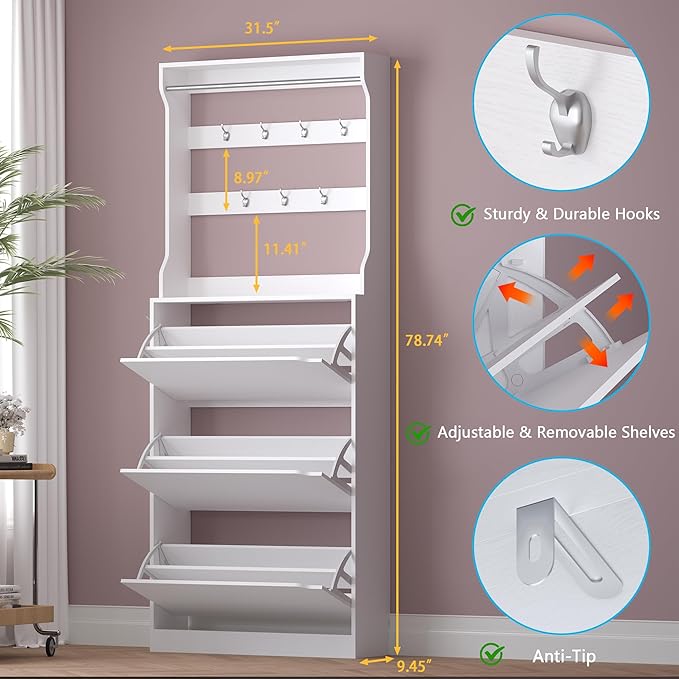 Shoe Cabinet with 3 Flip Drawers & Coat Rack, Narrow Hidden Shoe Storage Cabinet, 2-in-1 Hall Tree Slim Freestanding Shoe Rack Organizer for Entryway, Hallway, and Living Room