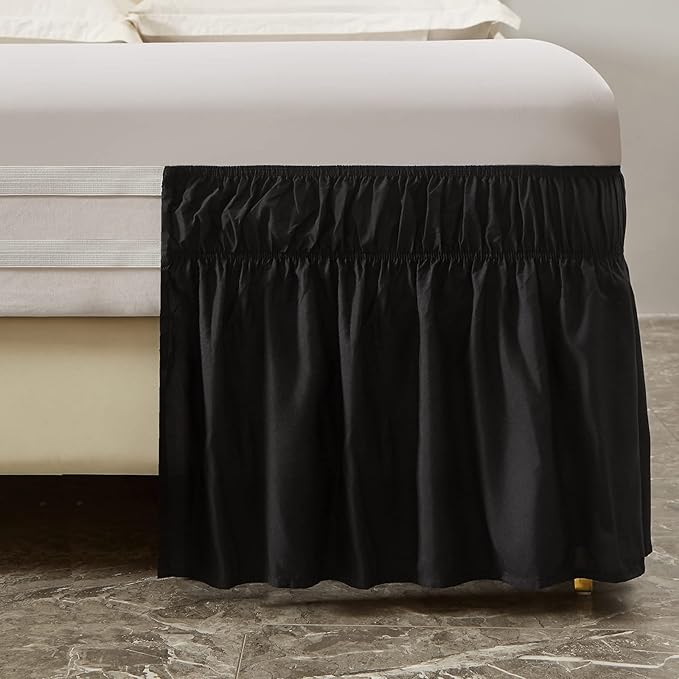 MEILA Wrap Around Bed Skirt Three Fabric Sides Elastic Dust Ruffled 18 Inch Tailored Drop,Easy to Install Fade Resistant-Black, Twin/Full