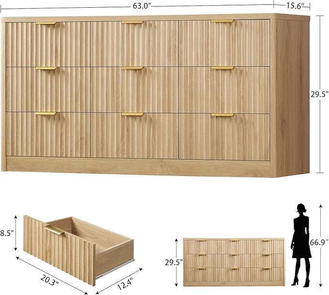 TEENFON Fluted Dresser for Bedroom with 9 Drawers, 63" Wide Modern Chest of Drawers with Metal Handle & Curved Profile Design, Wood Closet Clothes Storage Organizer for Living Room, Hallway, Natural